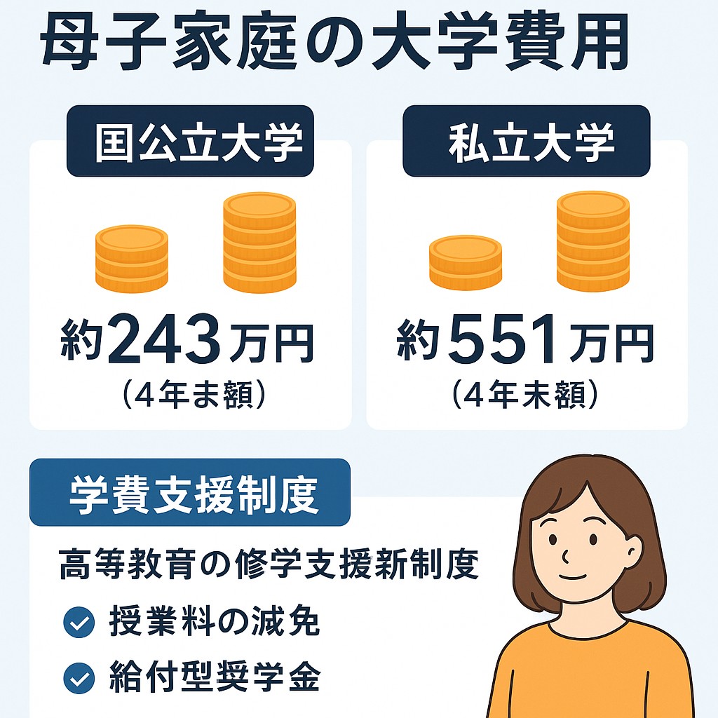 母子家庭の大学費用と支援制度の全体図（国公立・私立別）