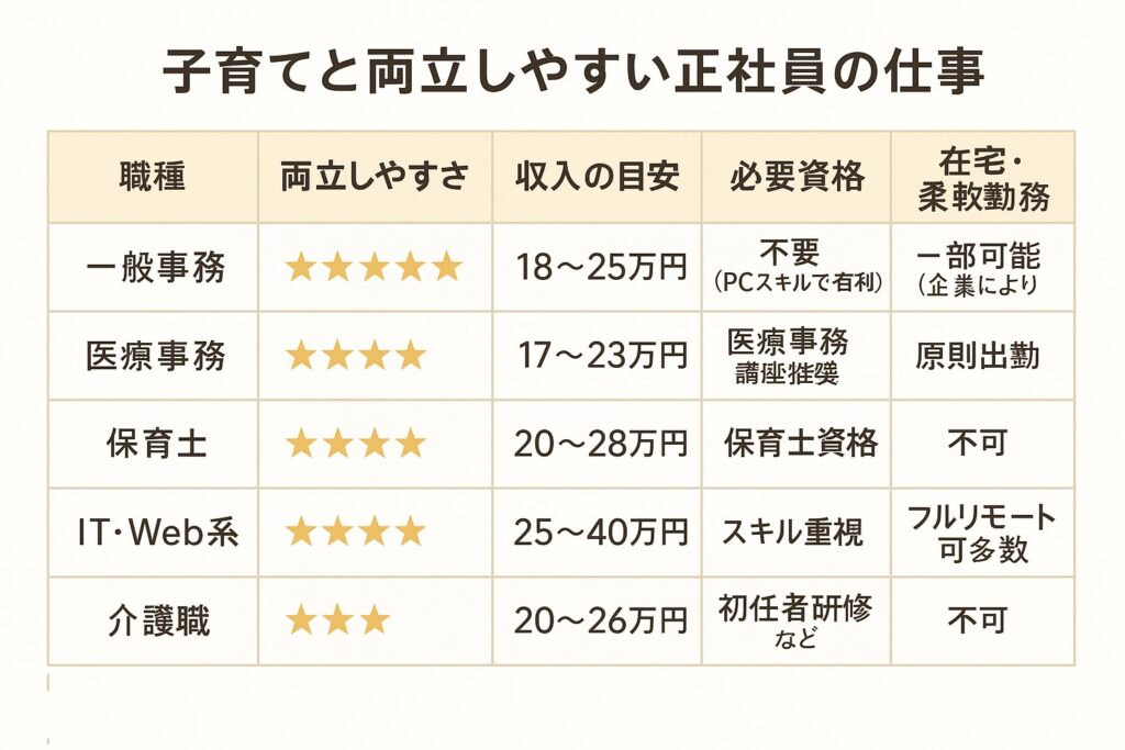 子育てと両立しやすい正社員職の比較表（一般事務・医療事務・保育士・IT・介護）