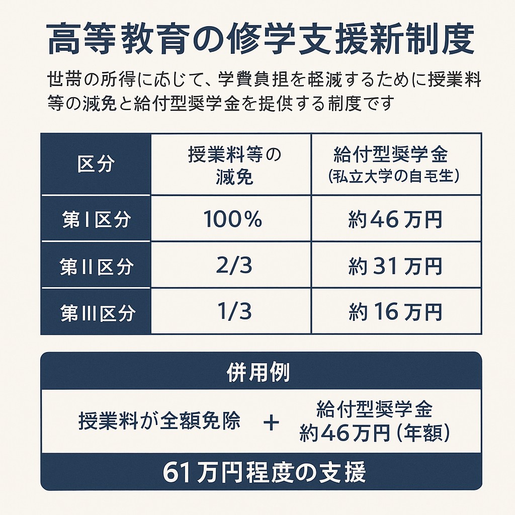 高等教育の修学支援制度（無償化）とJASSO給付型奨学金の違いを比較した日本語の図表。支援内容、対象者、申請方法などの違いをわかりやすく視覚的に示している。