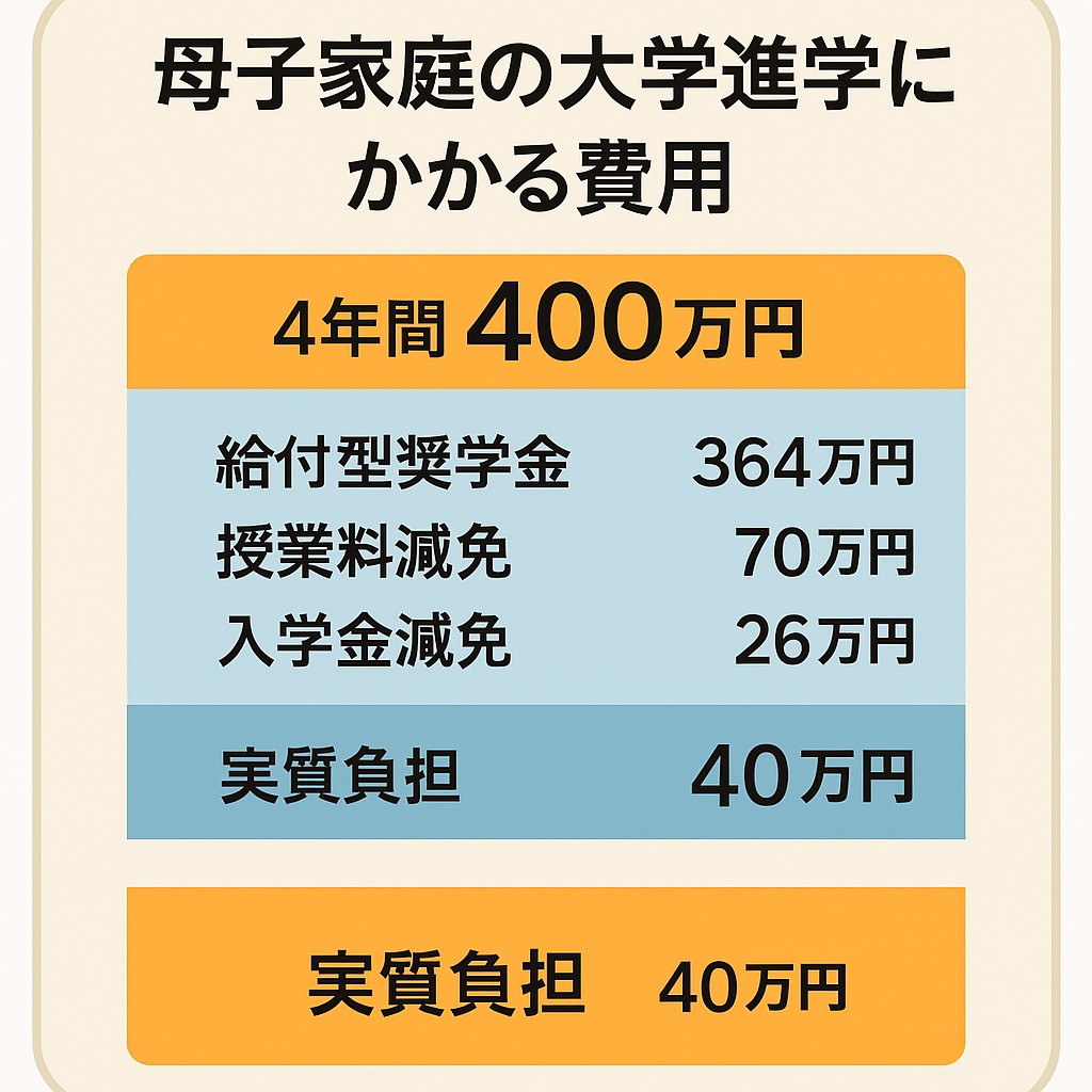 母子家庭の大学進学における私立文系4年間の学費と各種支援の内訳。支援総額360万円に対し自己負担は約40万円