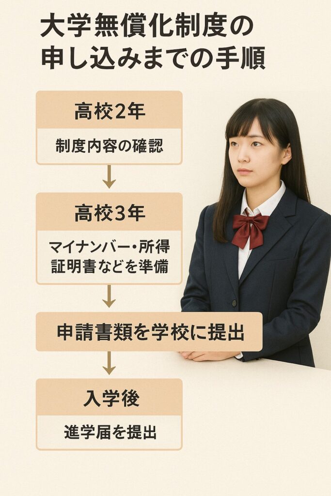 母子家庭の高校生が高等教育の修学支援新制度に申請する4ステップを図示。高校2年で制度確認→必要書類準備→学校経由で申し込み→大学入学後に進学届提出。